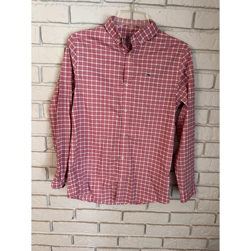 Vineyard Vines Shirt Kids L (16) Red Check On-The-Go Button Front Long Sleeve